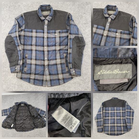 Eddie Bauer Mens L Large Cotton Plaid Flannel Snap Insulated Shacket Jacket - Picture 1 of 16